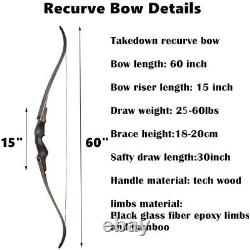 60 Takedown Recurve Bow 25-60lbs Wooden Archery Shooting American Hunting